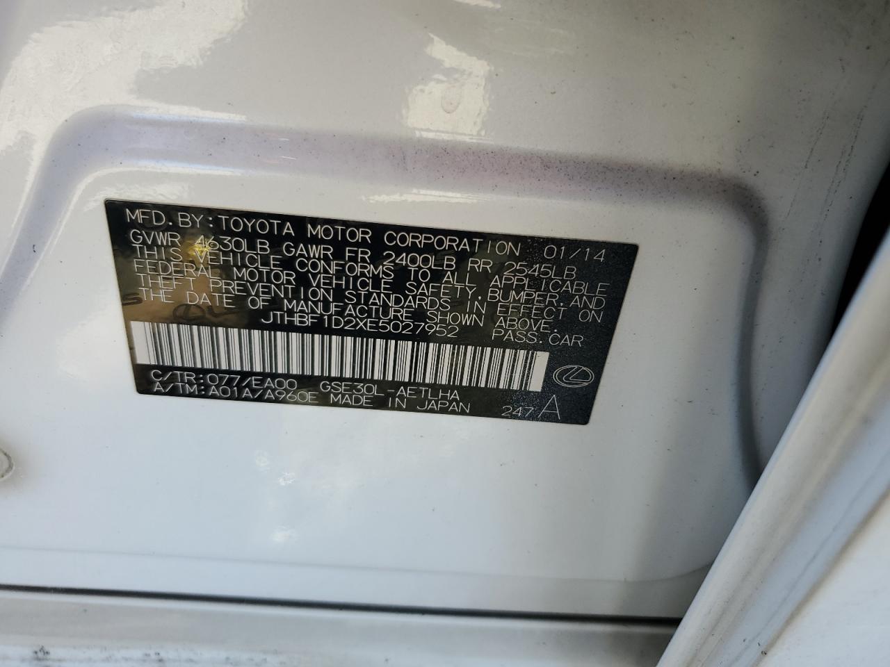 2014 Lexus IS VIN JTHBF1D2XE5027952 Copart auction photo, burn / burn - interior damage thumbnail 13