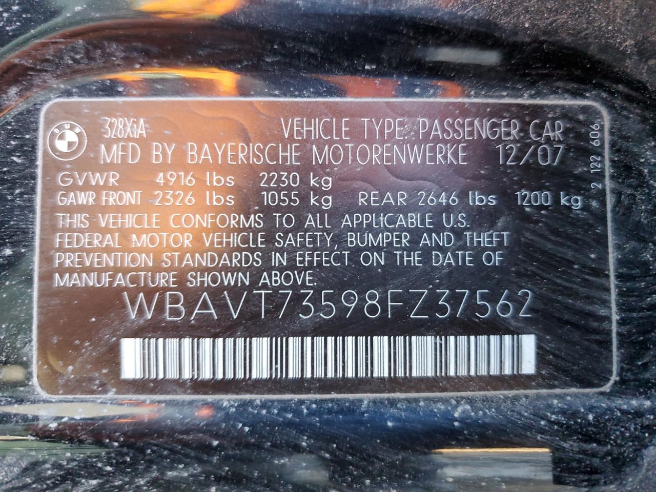 2008 BMW 3er VIN WBAVT73598FZ37562 Copart auction photo, side / front end damage thumbnail 12
