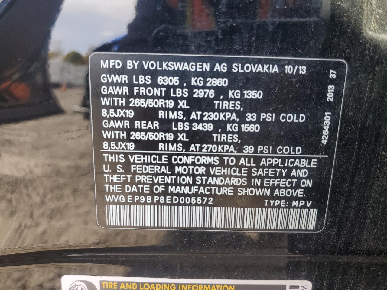 2014 Volkswagen Touareg VIN WVGEP9BP8ED005572 Copart auction photo, front end / side damage thumbnail 13