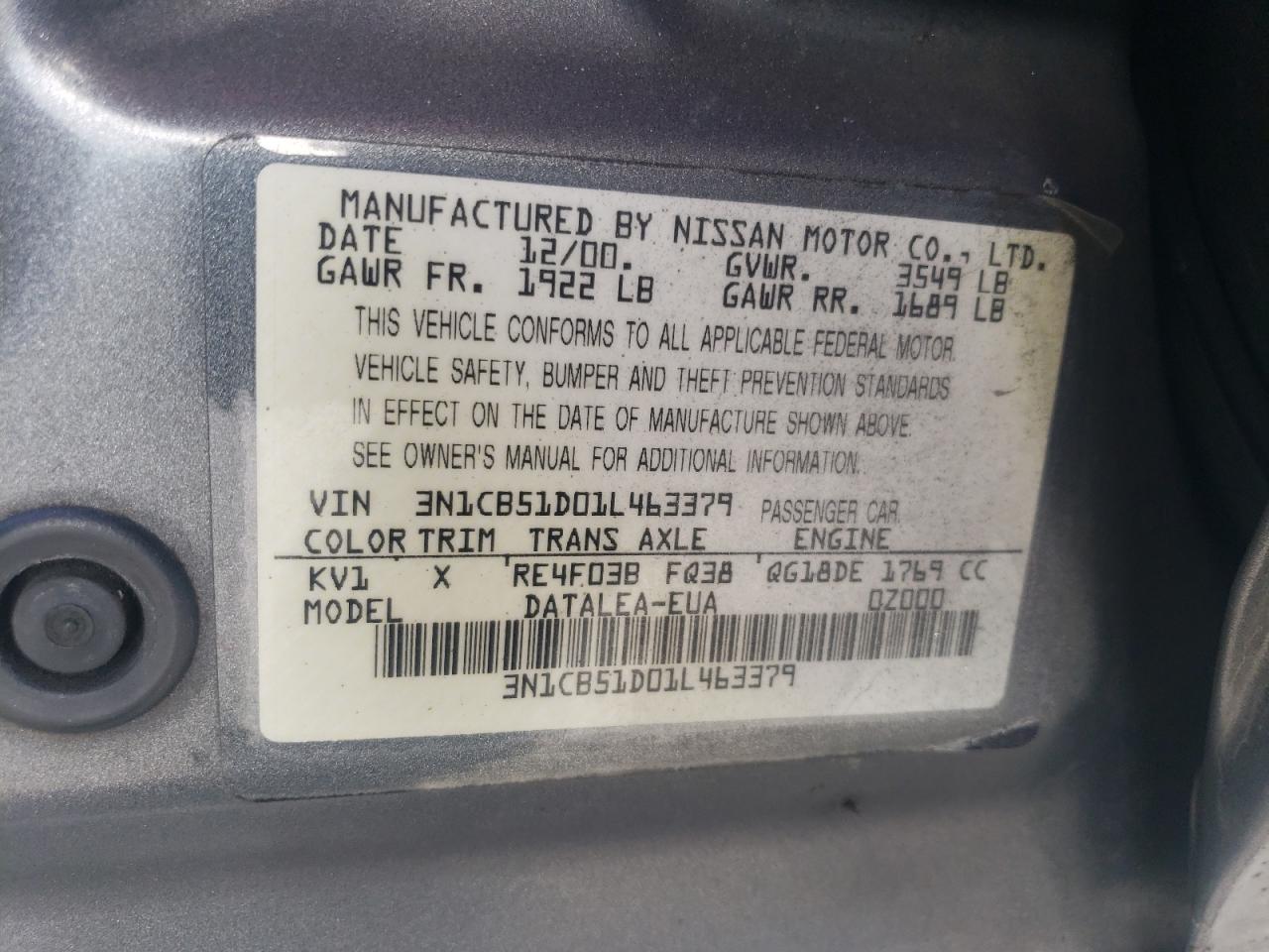 2001 Nissan Sentra VIN 3N1CB51D01L463379 Copart auction photo, all over damage thumbnail 12