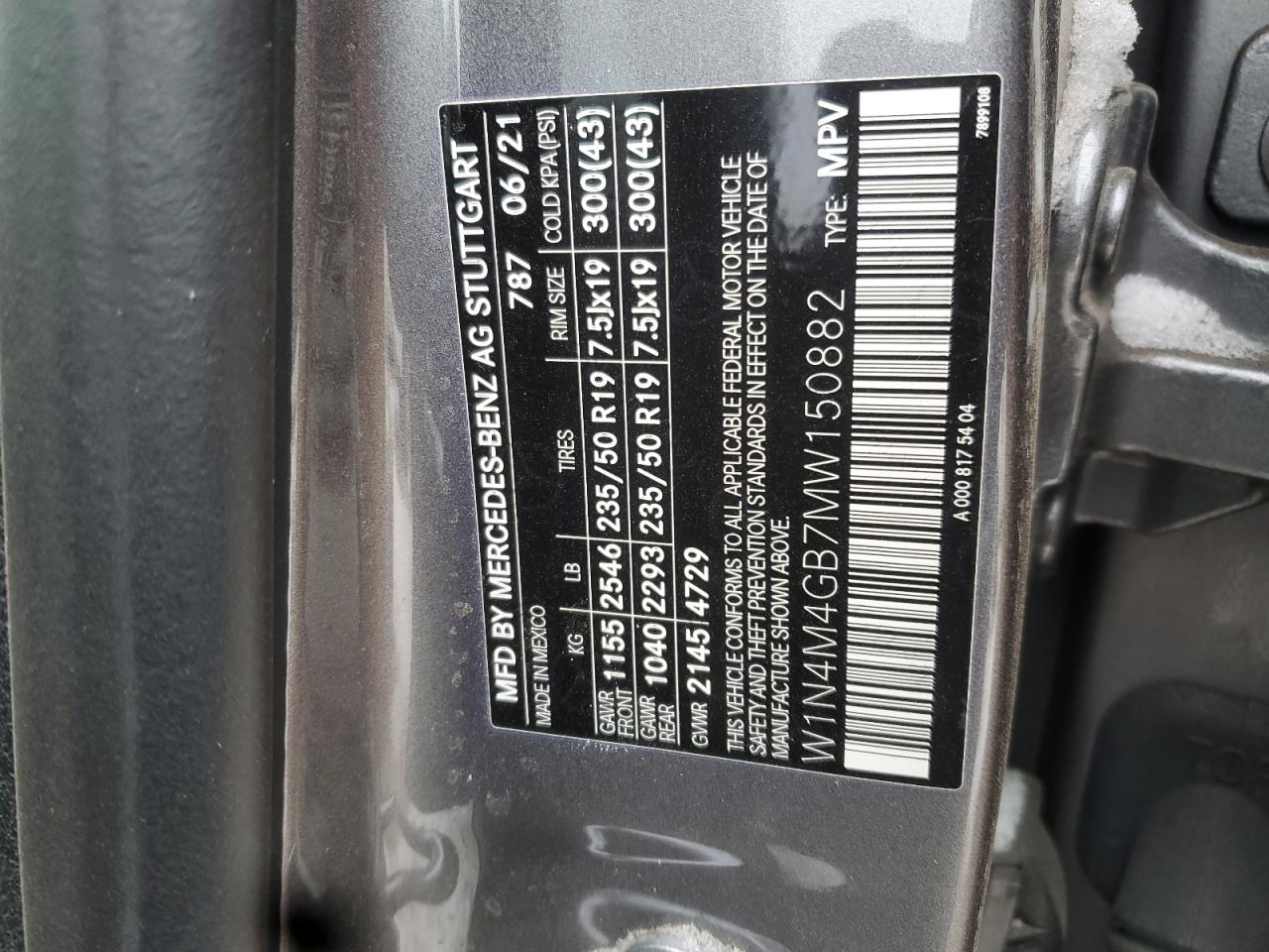 2021 Mercedes-Benz GLB VIN W1N4M4GB7MW150882 Copart auction photo, all over damage thumbnail 13