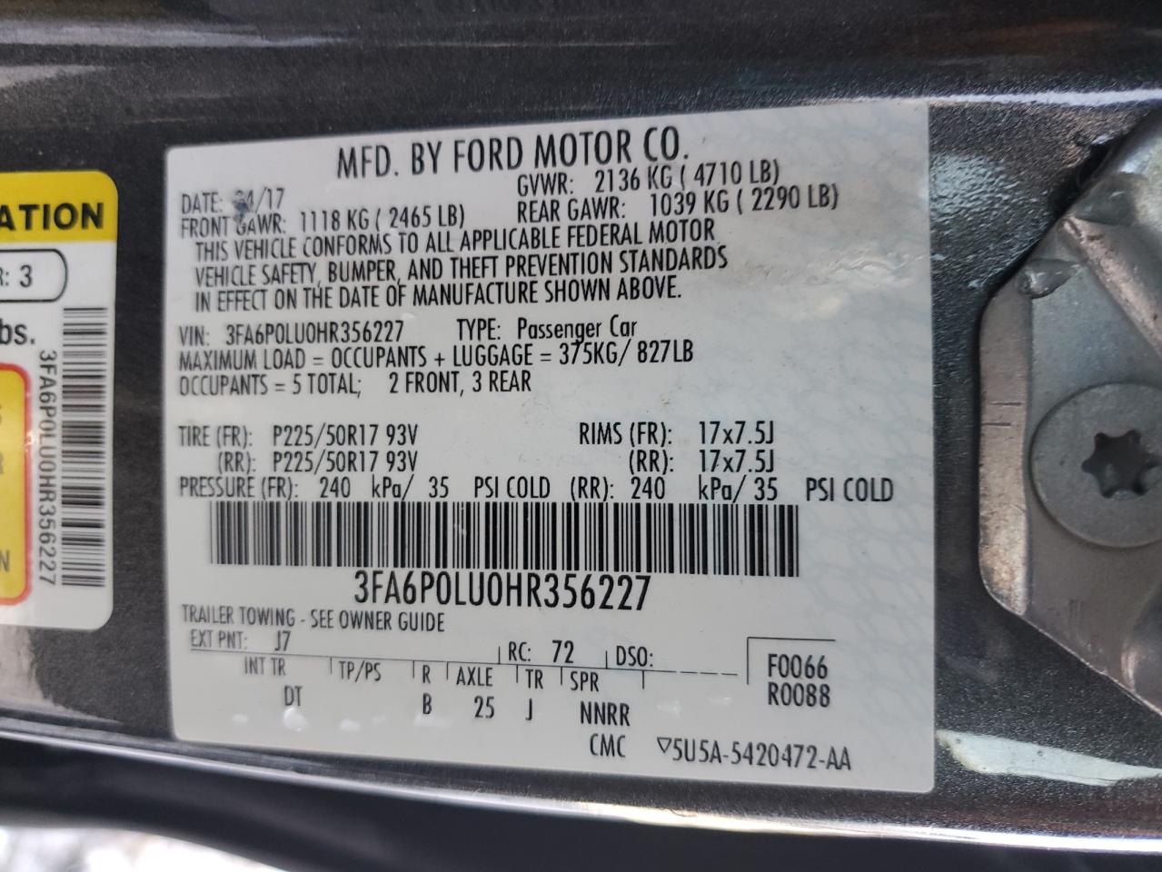 2017 Ford Fusion VIN 3FA6P0LU0HR356227 Copart auction photo, rear end / front end damage thumbnail 13