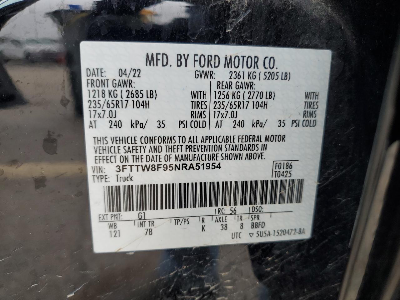 2022 Ford Maverick VIN 3FTTW8F95NRA51954 Copart auction photo, front end damage thumbnail 14