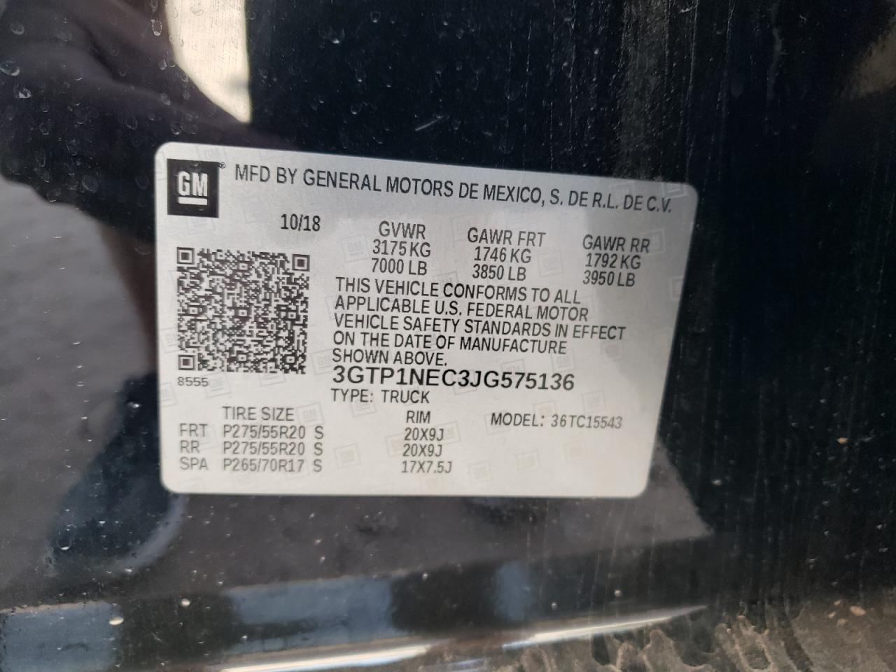 2018 GMC Sierra VIN 3GTP1NEC3JG575136 Copart auction photo, front end / rear end damage thumbnail 13