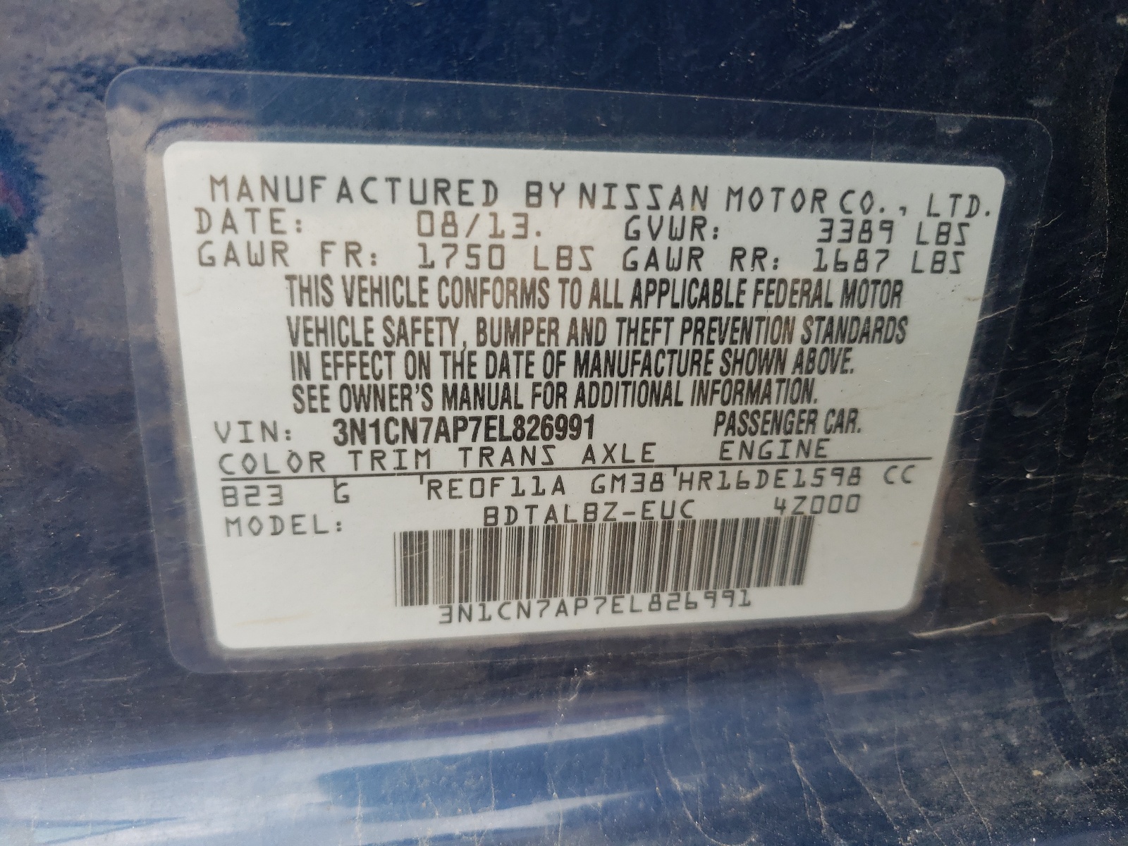 2014 Nissan Versa VIN 3N1CN7AP7EL826991 Copart auction photo, front end damage thumbnail 10