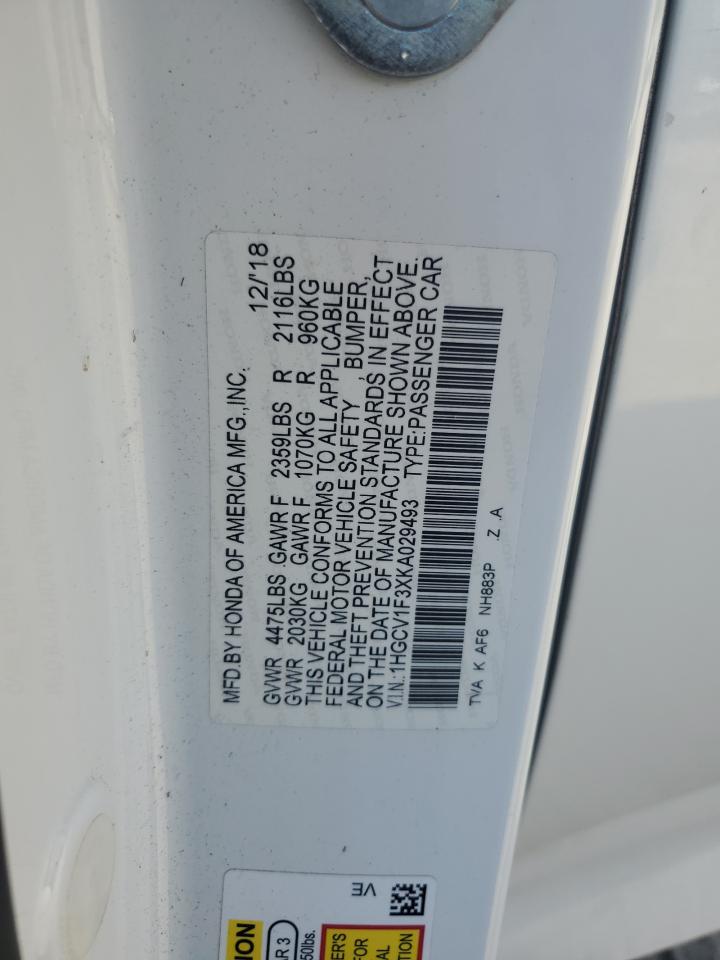 2019 Honda Accord VIN 1HGCV1F3XKA029493 Copart auction photo, front end damage thumbnail 14