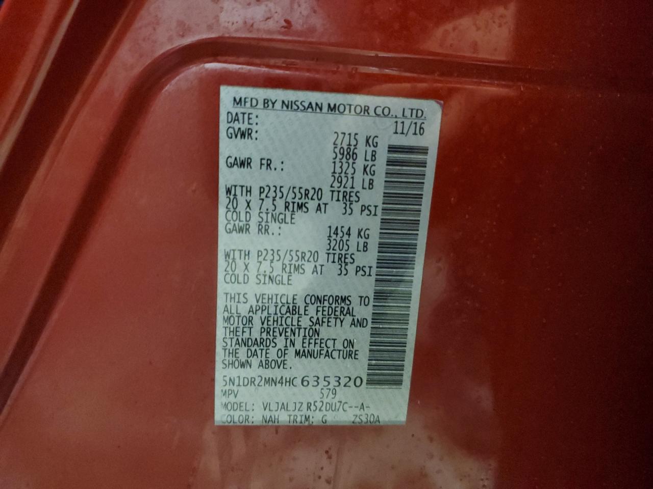 2017 Nissan Pathfinder VIN 5N1DR2MN4HC635320 Copart auction photo, front end / minor dent/scratches damage thumbnail 13