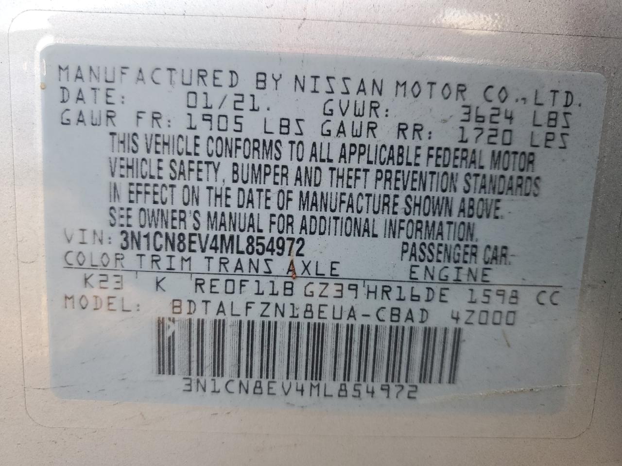 2021 Nissan Versa VIN 3N1CN8EV4ML854972 Copart auction photo, rear end / front end damage thumbnail 13