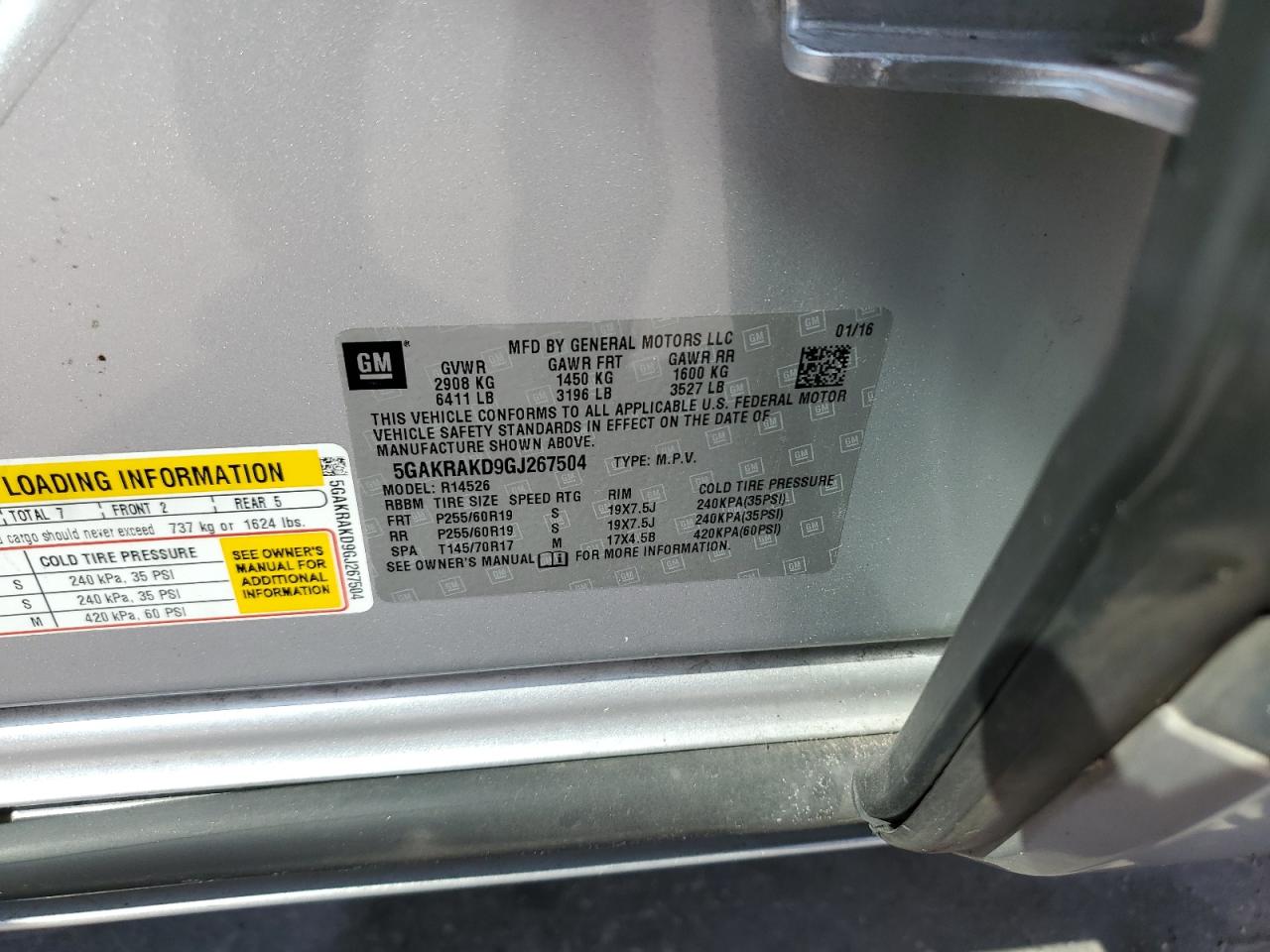 2016 Buick Enclave VIN 5GAKRAKD9GJ267504 Copart auction photo, front end / side damage thumbnail 13
