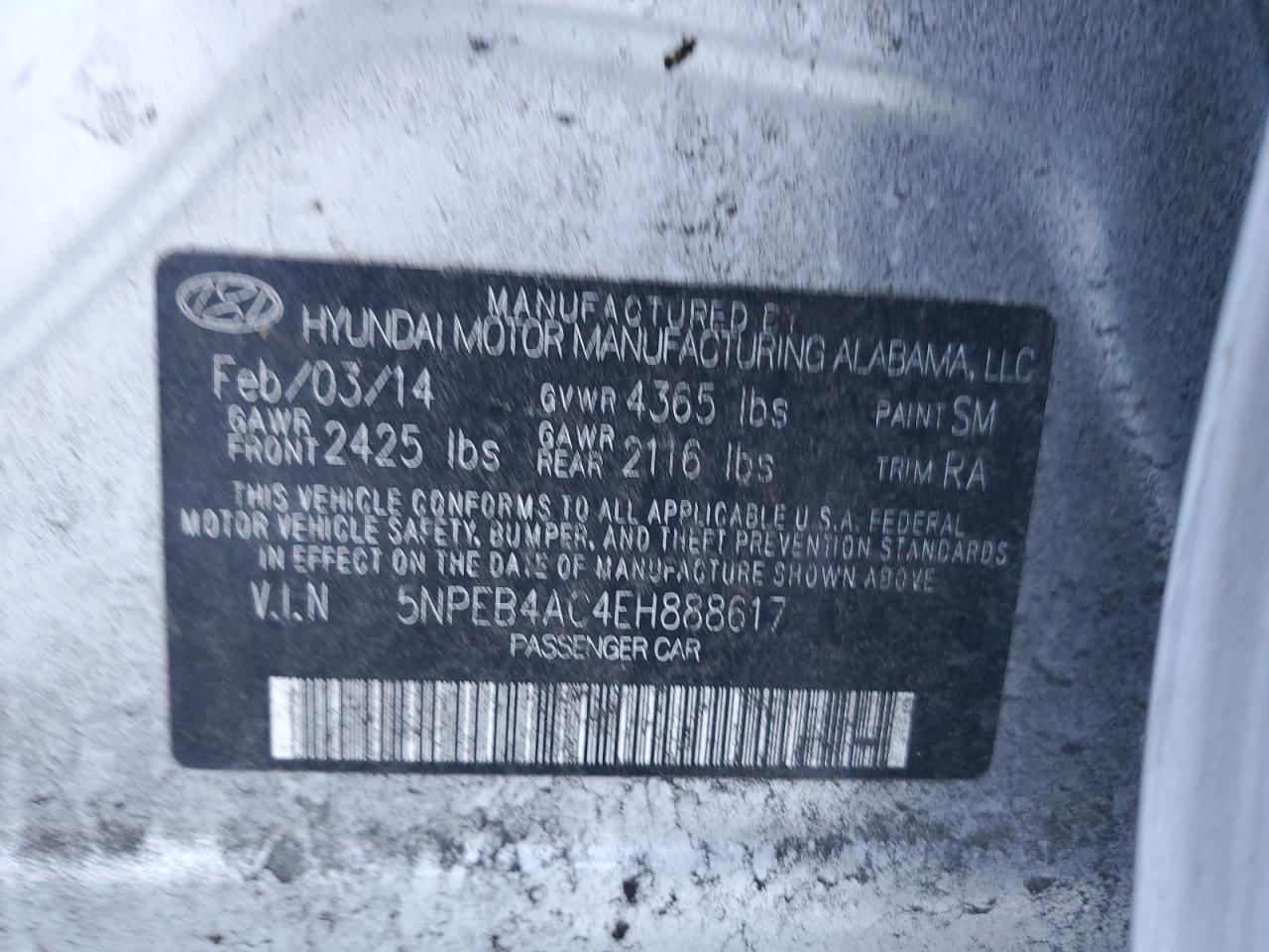 2014 Hyundai Sonata VIN 5NPEB4AC4EH888617 Copart auction photo, rear end / minor dent/scratches damage thumbnail 12