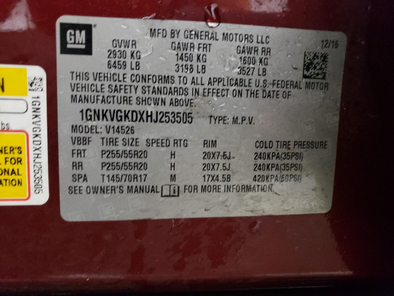 2017 Chevrolet Traverse VIN 1GNKVGKDXHJ253505 Copart auction photo, front end / rear end damage thumbnail 13