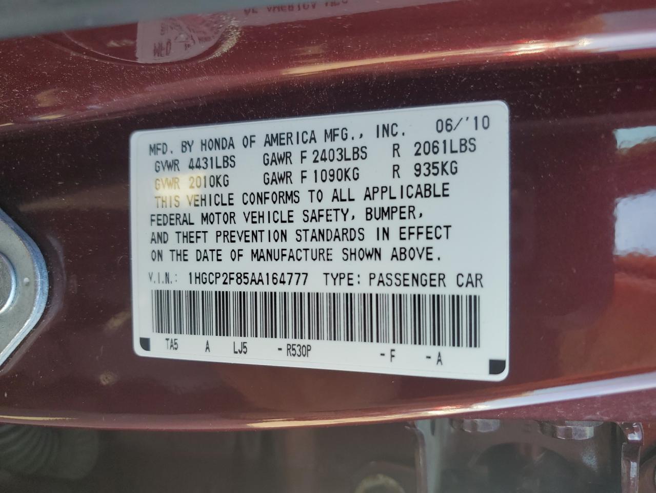 2010 Honda Accord VIN 1HGCP2F85AA164777 Copart auction photo, front end damage thumbnail 12