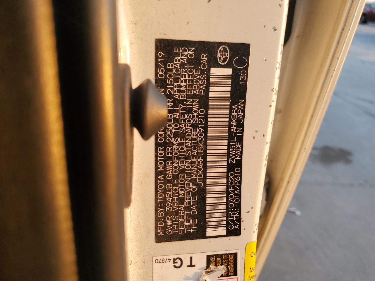 2019 Toyota Prius VIN JTDKARFU5K3091210 Copart auction photo, front end damage thumbnail 12