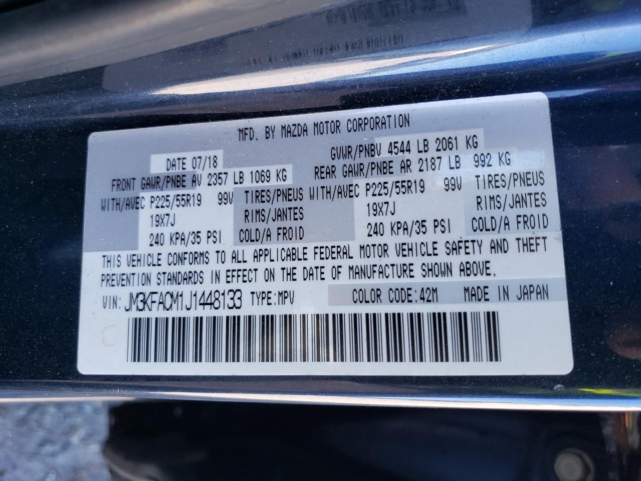 2018 Mazda CX-5 VIN JM3KFACM1J1448133 Copart auction photo, rear end damage thumbnail 13