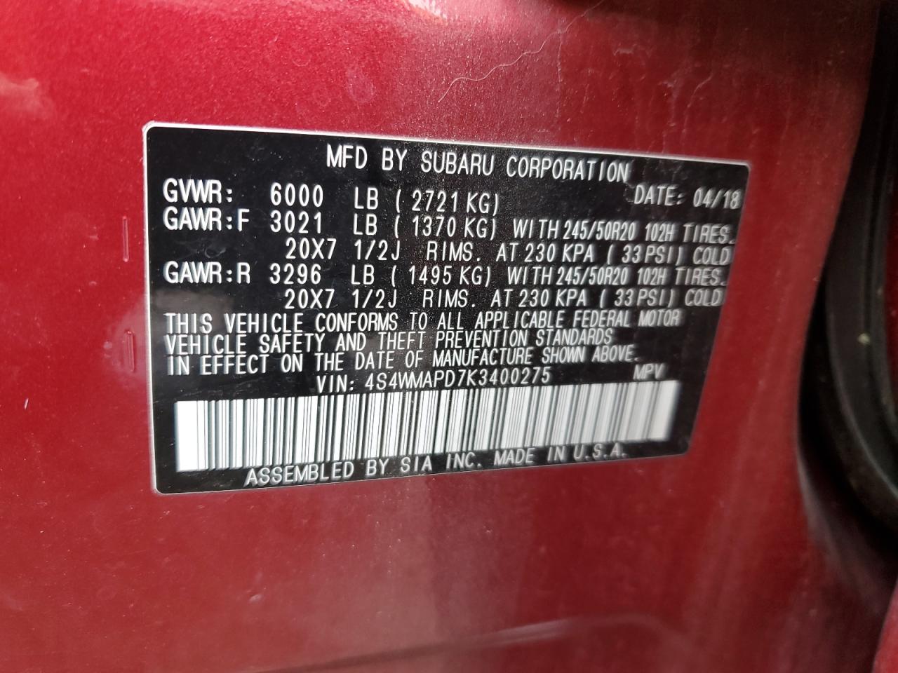 2019 Subaru Ascent VIN 4S4WMAPD7K3400275 Copart auction photo, front end / rear end damage thumbnail 13