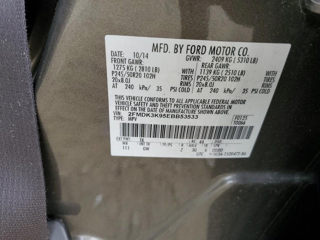 2014 Ford Edge VIN 2FMDK3K95EBB53533 Copart auction photo, all over damage thumbnail 14