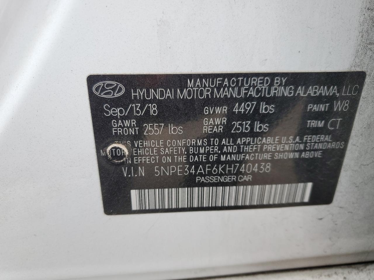 2019 Hyundai Sonata VIN 5NPE34AF6KH740438 Copart auction photo, front end / rear end damage thumbnail 12