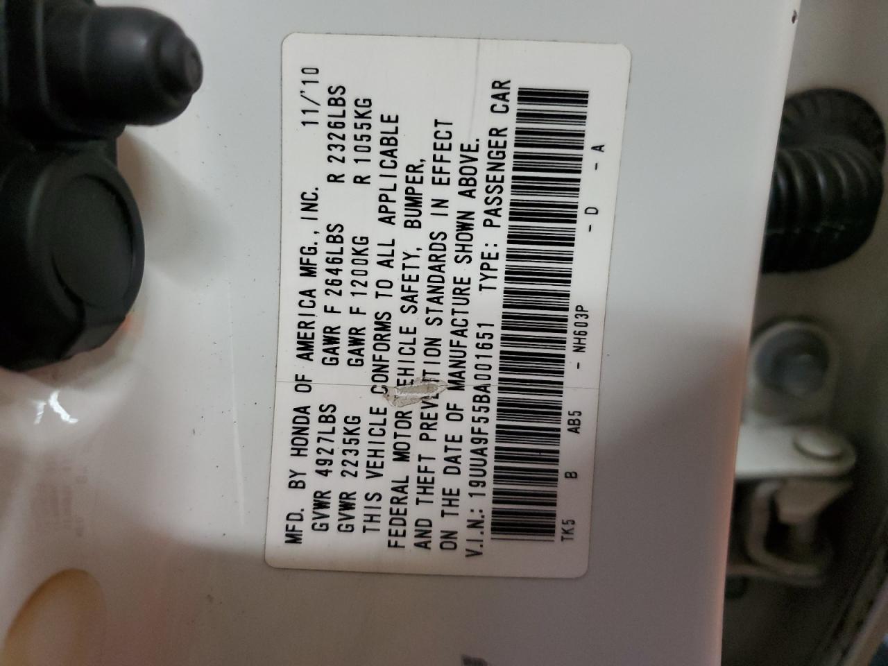 2011 Acura TL VIN 19UUA9F55BA001651 Copart auction photo, front end / hail damage thumbnail 12