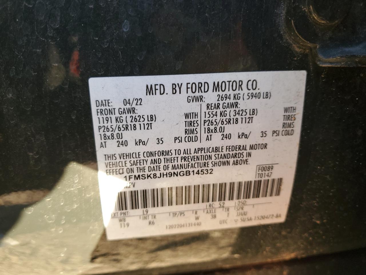 2022 Ford Explorer VIN 1FMSK8JH9NGB14532 Copart auction photo, rear end damage thumbnail 14