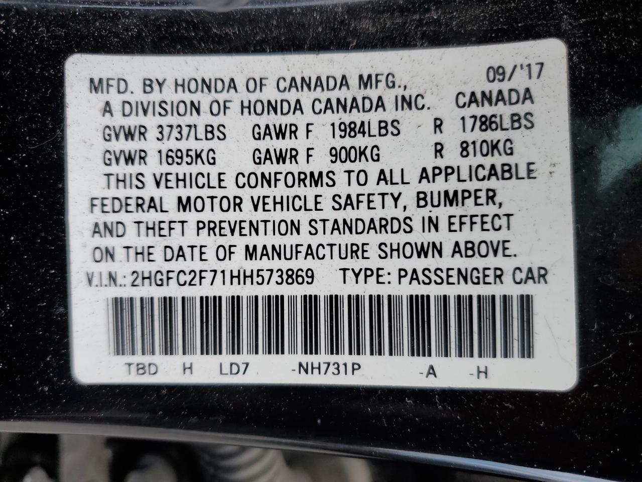 2017 Honda Civic VIN 2HGFC2F71HH573869 Copart auction photo, rear end / front end damage thumbnail 14