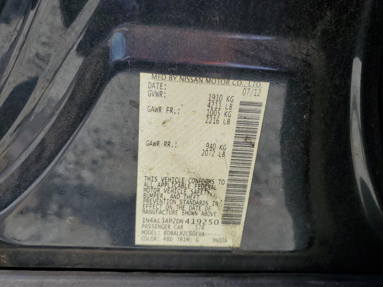 2013 Nissan Altima VIN 1N4AL3AP2DN419250 Copart auction photo, front end damage thumbnail 12