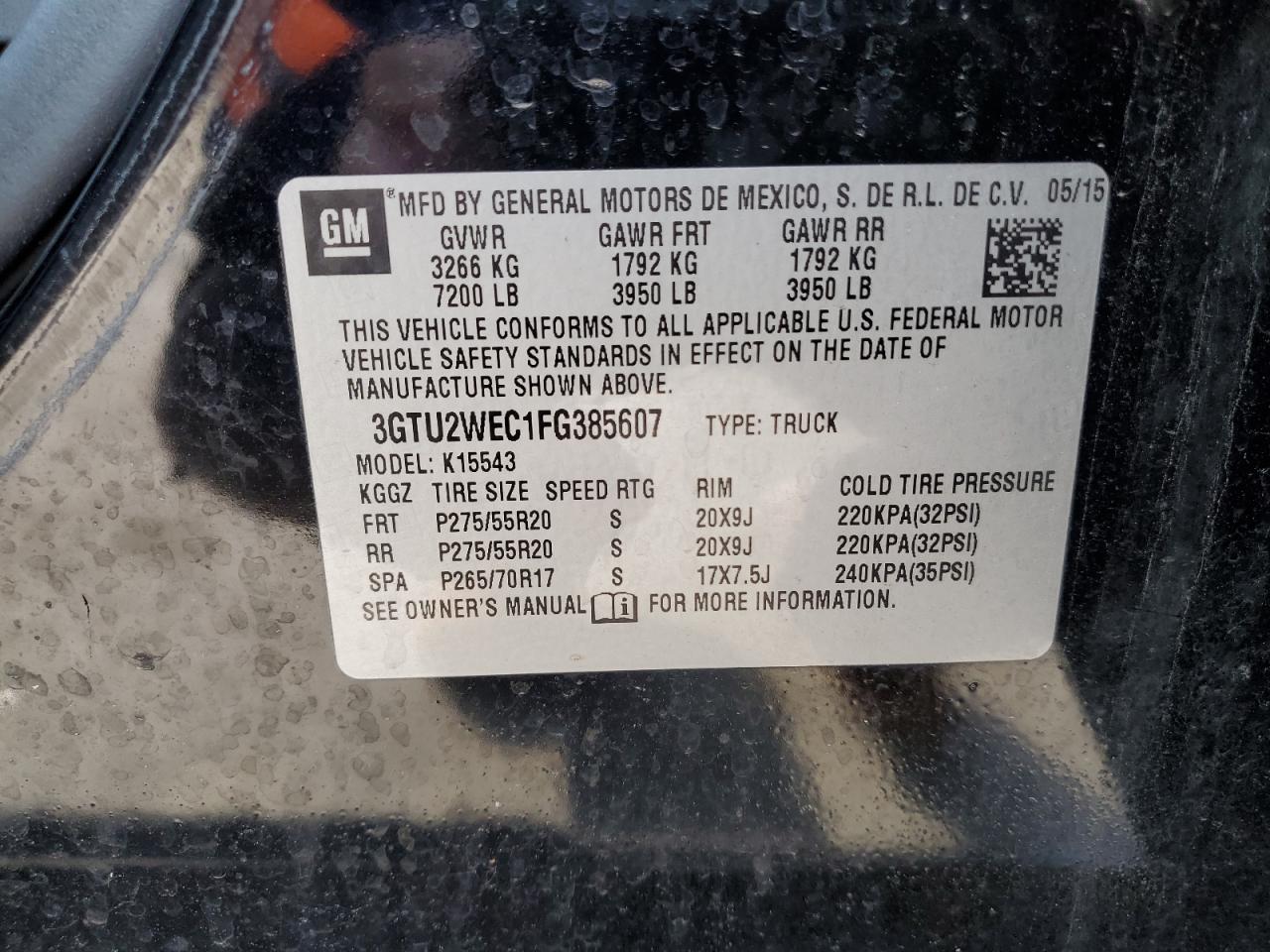 2015 GMC Sierra VIN 3GTU2WEC1FG385607 Copart auction photo, front end damage thumbnail 12