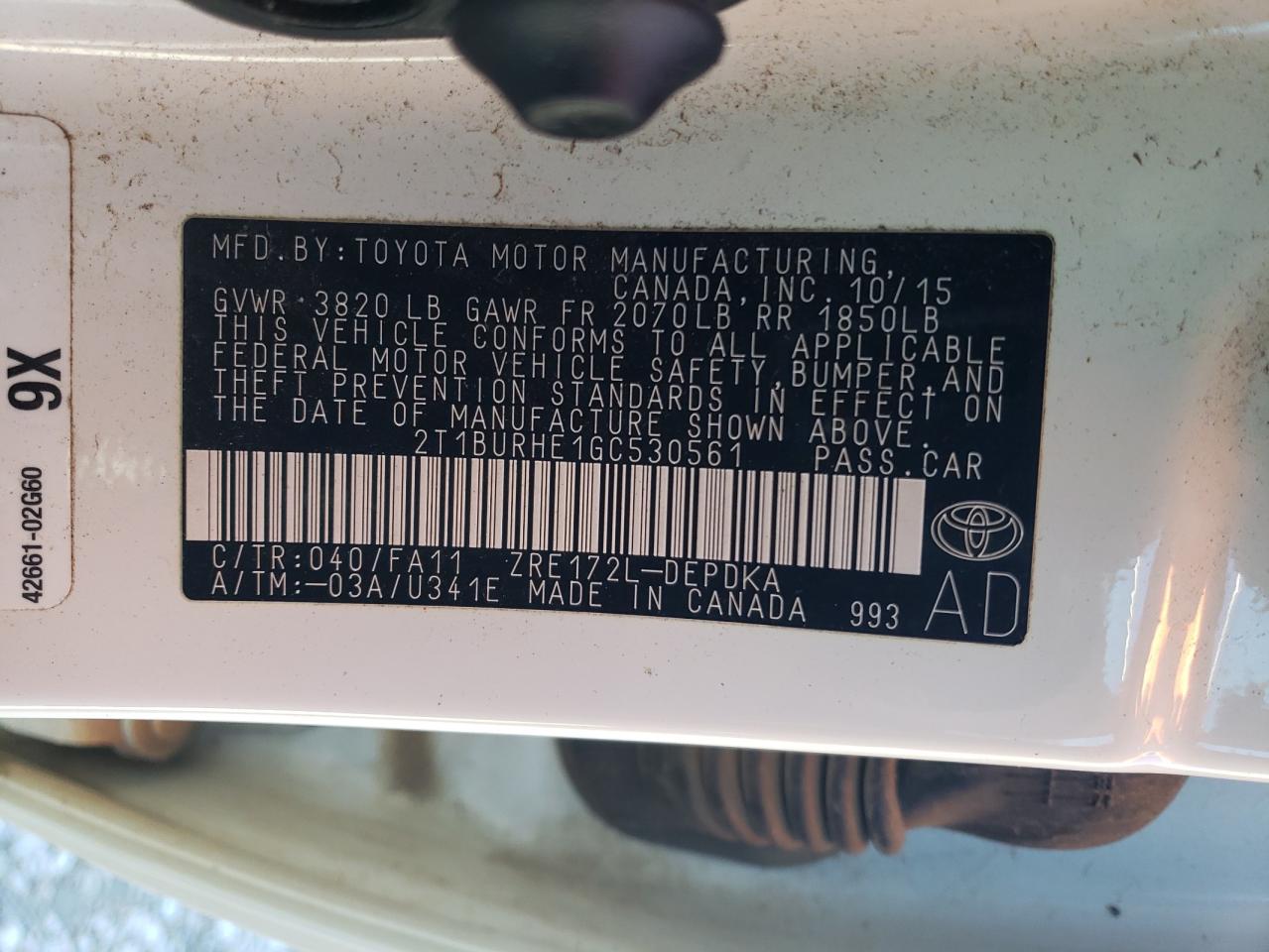 2016 Toyota Corolla VIN 2T1BURHE1GC530561 Copart auction photo, side / rear end damage thumbnail 12