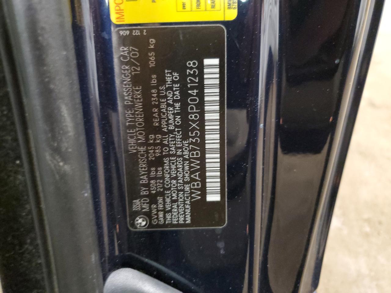2008 BMW 3er VIN WBAWB735X8P041238 Copart auction photo, front end damage thumbnail 13