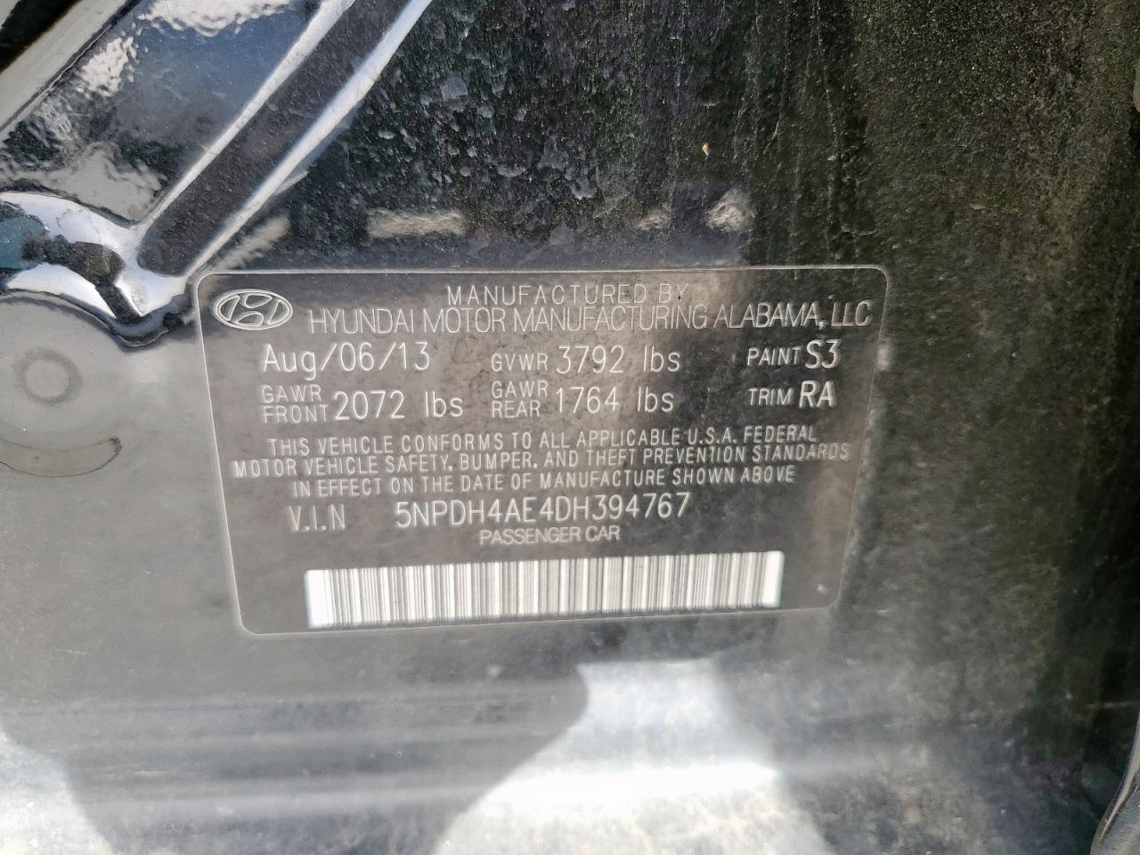 2013 Hyundai Elantra VIN 5NPDH4AE4DH394767 Copart auction photo, front end / side damage thumbnail 12