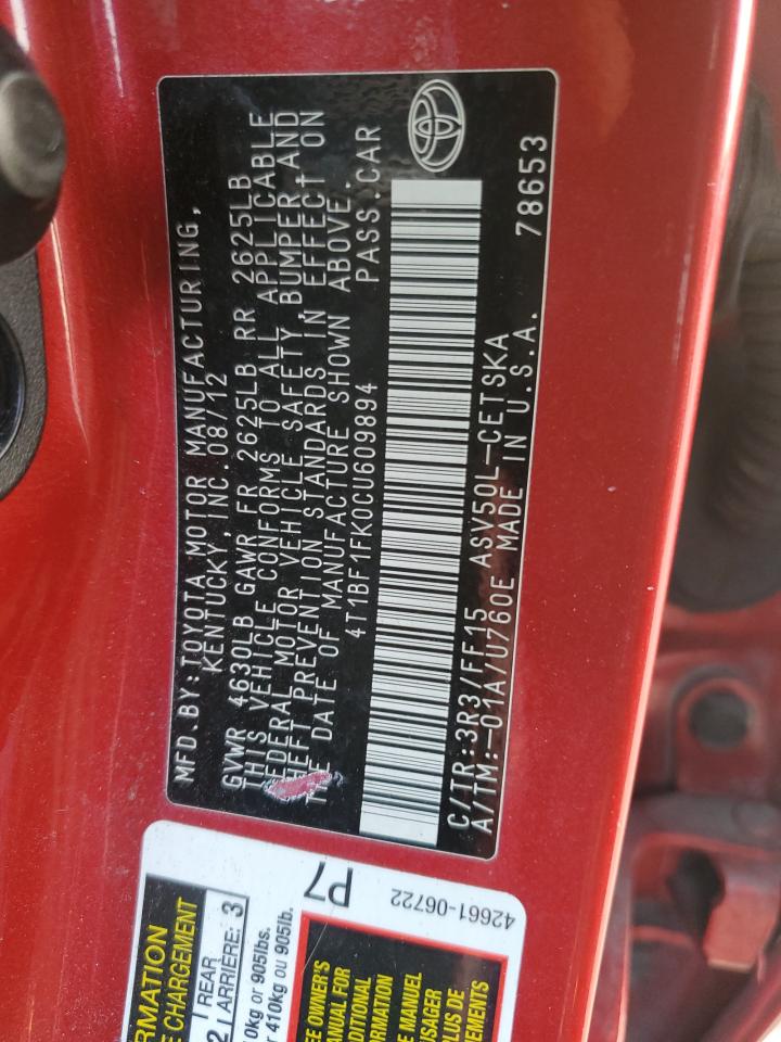 2012 Toyota Camry VIN 4T1BF1FK0CU609894 Copart auction photo, front end / side damage thumbnail 14