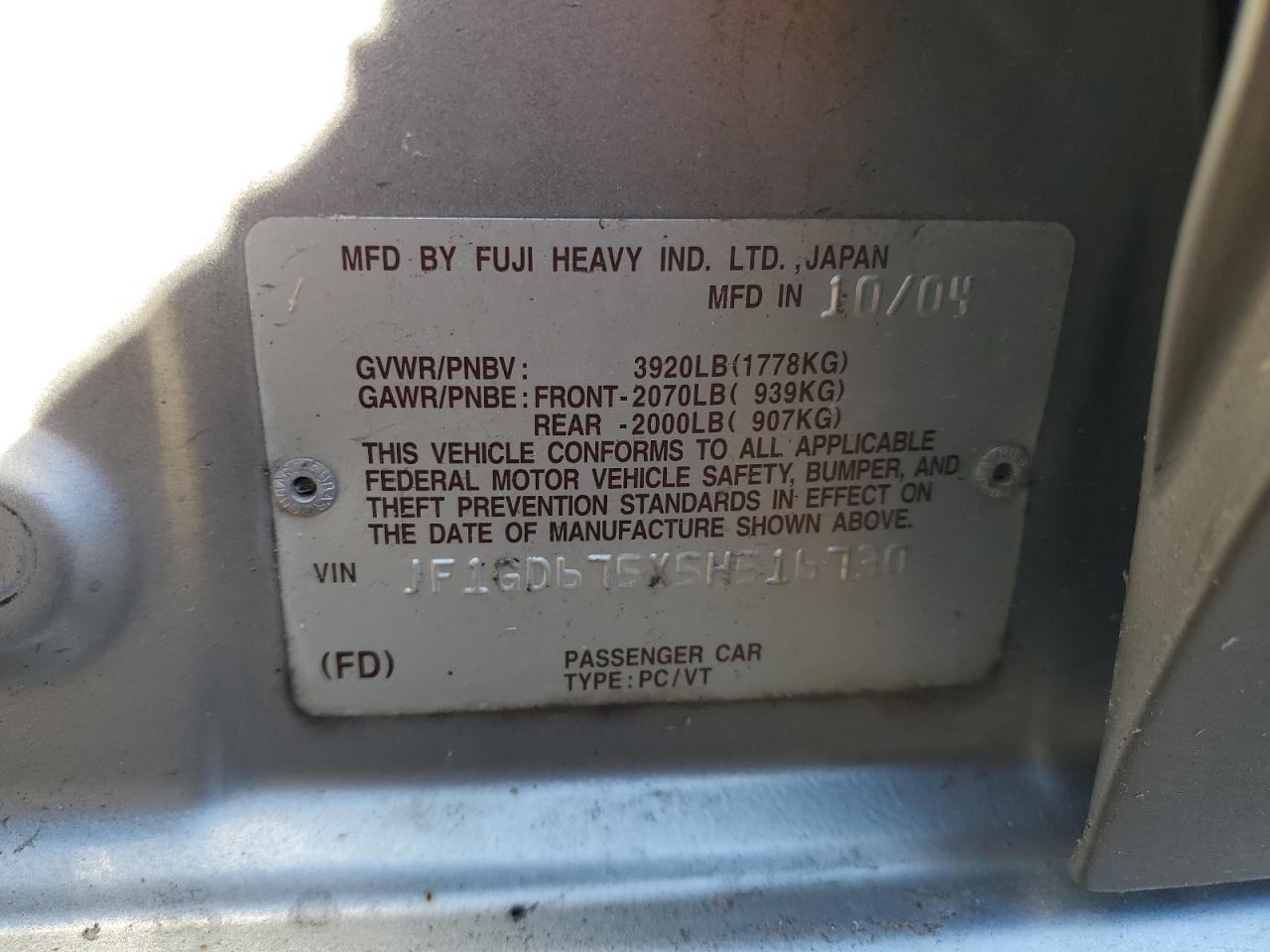 2005 Subaru Impreza VIN JF1GD675X5H516730 Copart auction photo, vandalism damage thumbnail 12