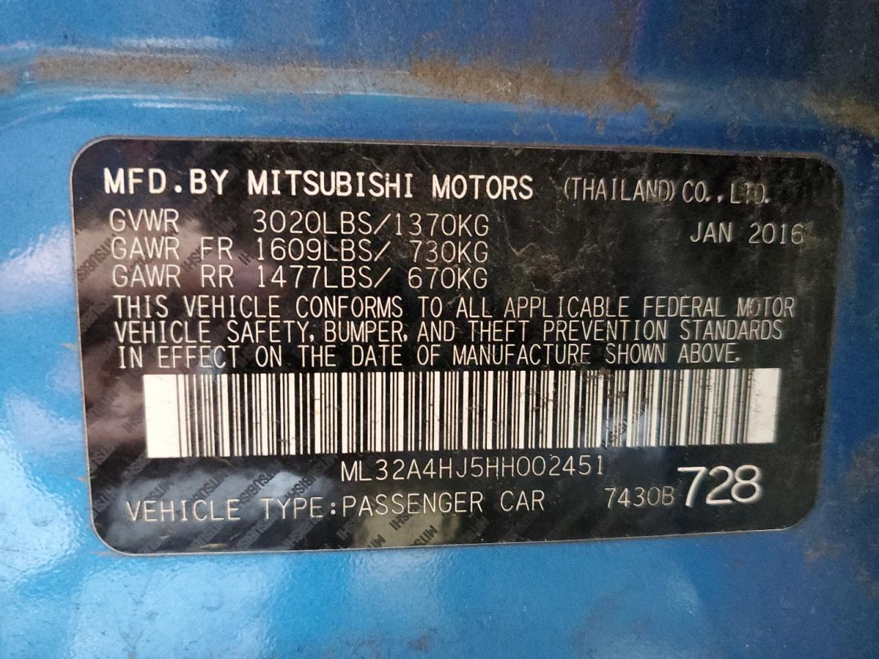 2017 Mitsubishi Mirage VIN ML32A4HJ5HH002451 Copart auction photo, rear end / mechanical damage thumbnail 13