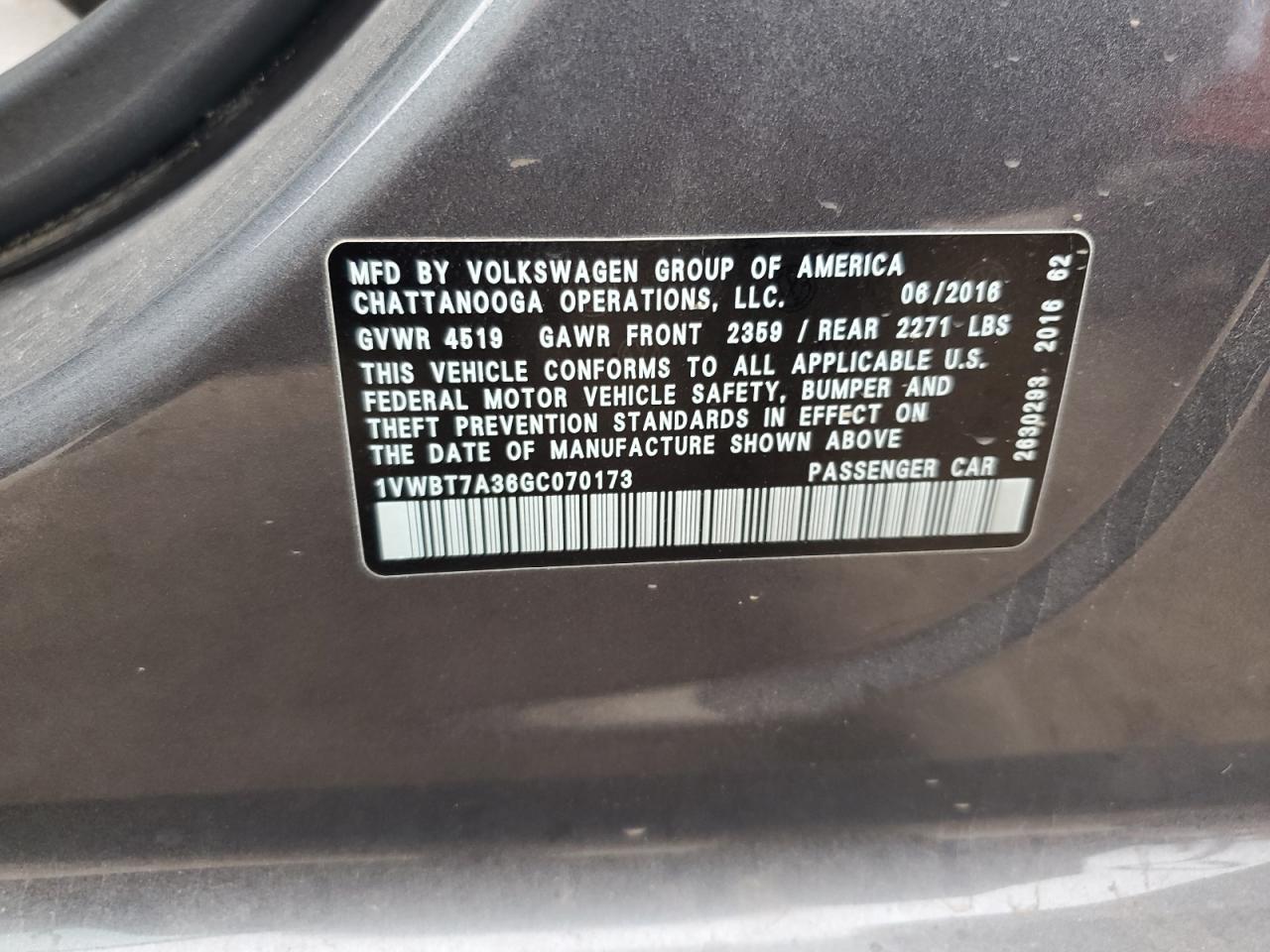 2016 Volkswagen Passat VIN 1VWBT7A36GC070173 Copart auction photo, front end damage thumbnail 12