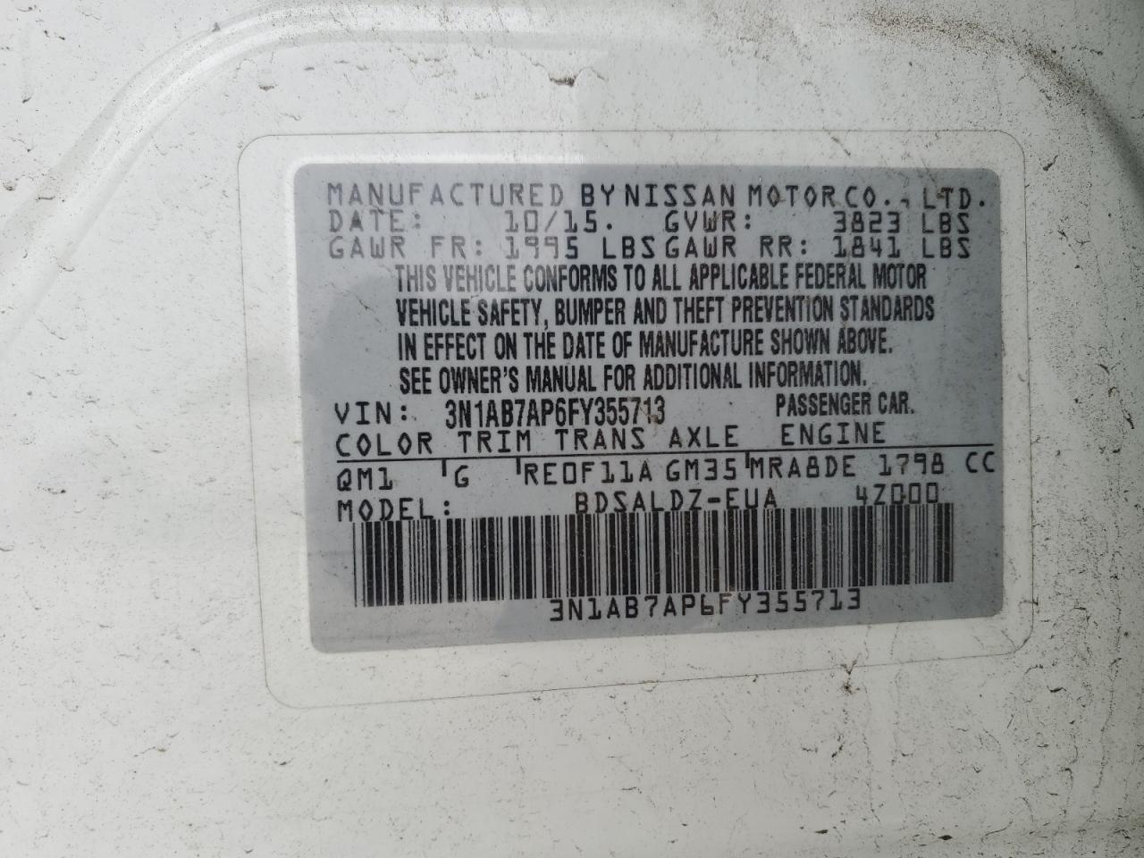 2015 Nissan Sentra VIN 3N1AB7AP6FY355713 Copart auction photo, rear end / front end damage thumbnail 15