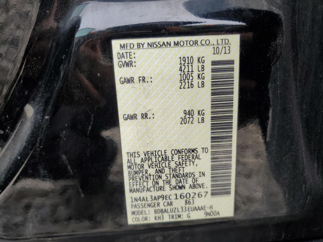 2014 Nissan Altima VIN 1N4AL3AP9EC160267 Copart auction photo, side damage thumbnail 13