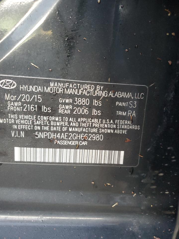 2016 Hyundai Elantra VIN 5NPDH4AE2GH662980 Copart auction photo, water/flood damage thumbnail 13