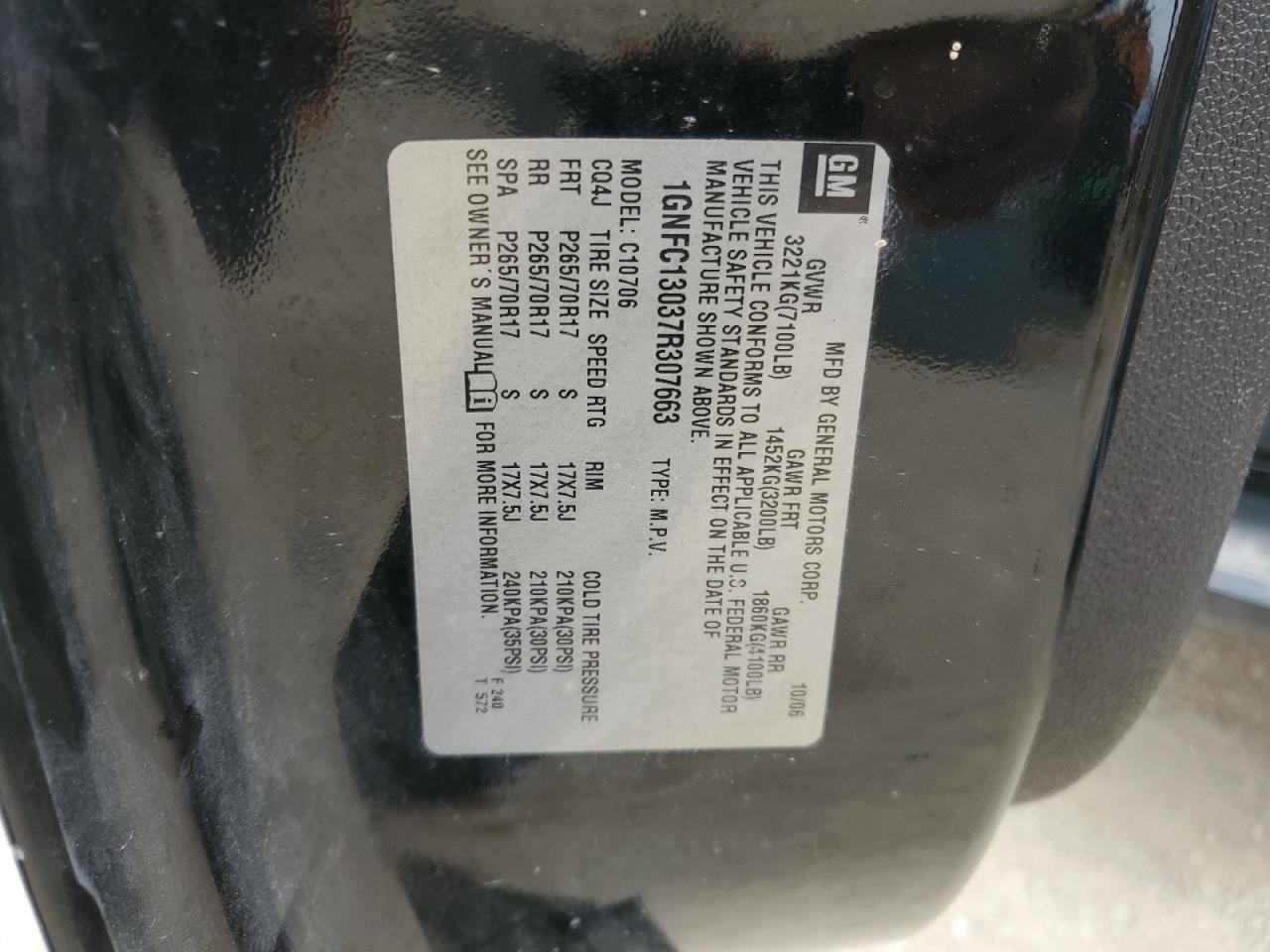 2007 Chevrolet Tahoe VIN 1GNFC13037R307663 Copart auction photo, front end damage thumbnail 15