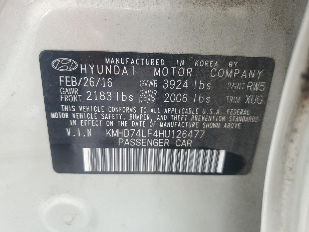 2017 Hyundai Elantra VIN KMHD74LF4HU126477 Copart auction photo, front end / vandalism damage thumbnail 12