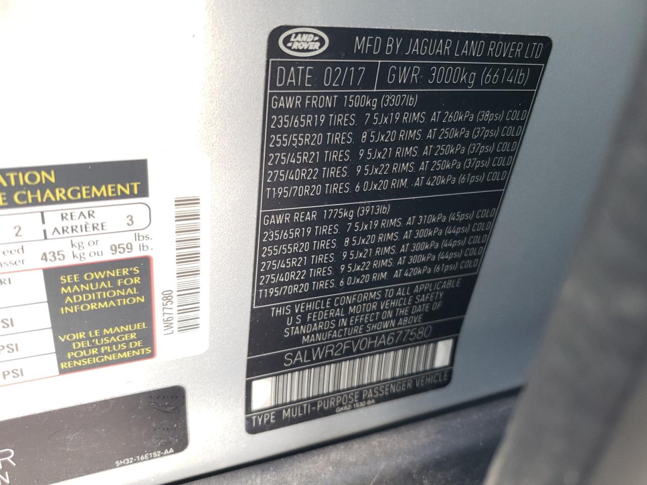 2017 Land Rover Range Rover VIN SALWR2FV0HA677580 Copart auction photo, mechanical / minor dent/scratches damage thumbnail 13