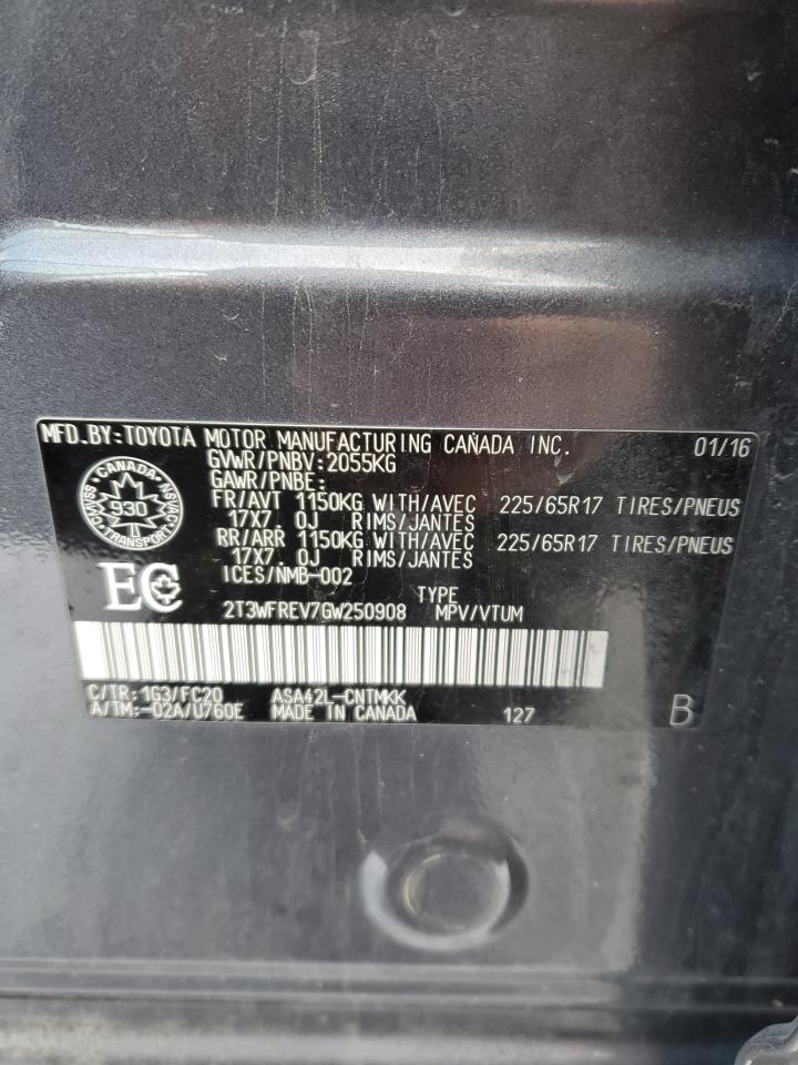 2016 Toyota RAV 4 VIN 2T3WFREV7GW250908 Copart auction photo, side damage thumbnail 13