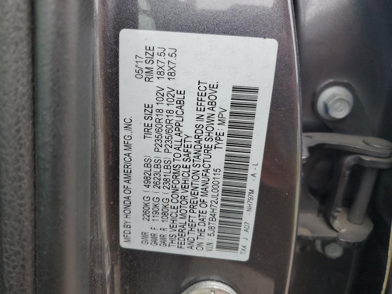 2018 Acura RDX VIN 5J8TB4H72JL000115 Copart auction photo, side / rear end damage thumbnail 13