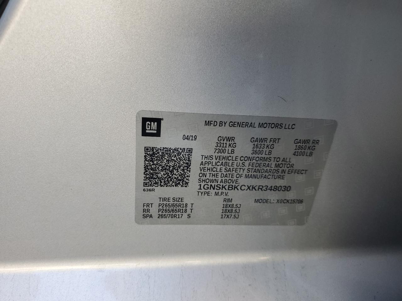 2019 Chevrolet Tahoe VIN 1GNSKBKCXKR348030 Copart auction photo, all over damage thumbnail 13