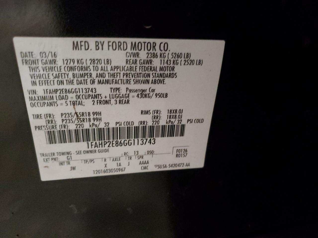 2016 Ford Taurus VIN 1FAHP2E86GG113743 Copart auction photo, front end / side damage thumbnail 13