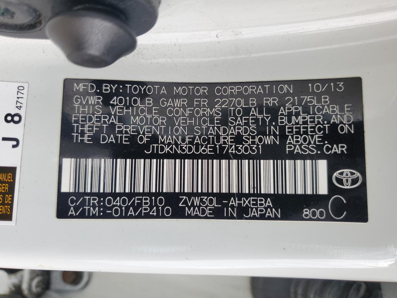 2014 Toyota Prius VIN JTDKN3DU6E1743031 Copart auction photo, front end / side damage thumbnail 13