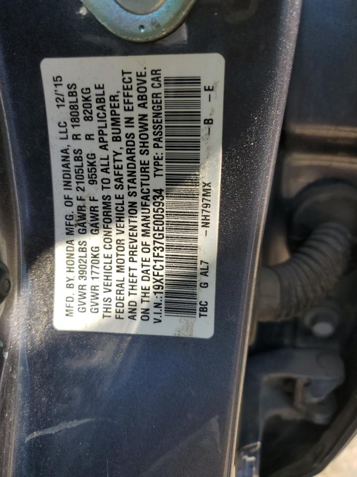 2016 Honda Civic VIN 19XFC1F37GE005934 Copart auction photo, all over / undercarriage damage thumbnail 13