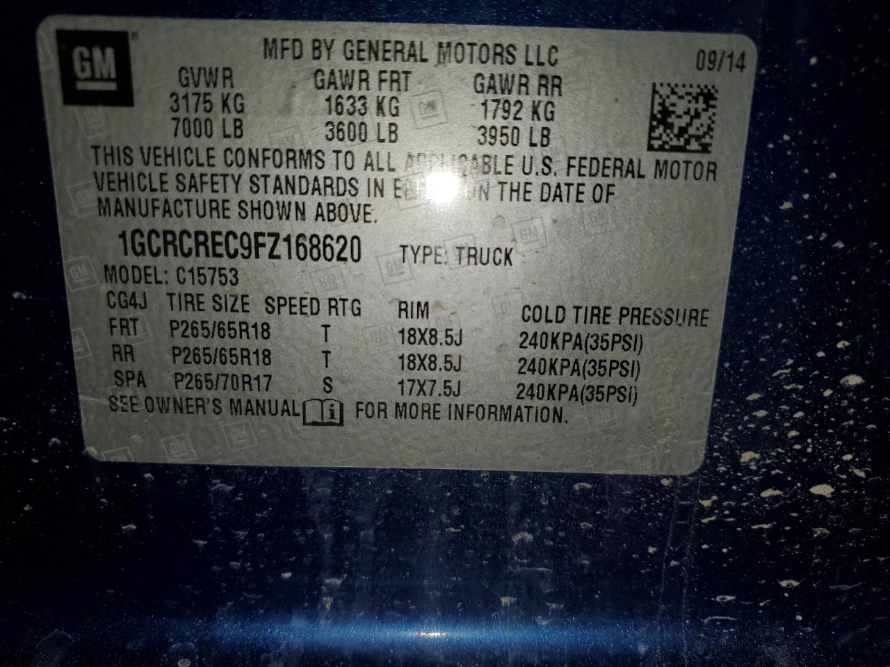 2015 Chevrolet Silverado VIN 1GCRCREC9FZ168620 Copart auction photo, front end damage thumbnail 14