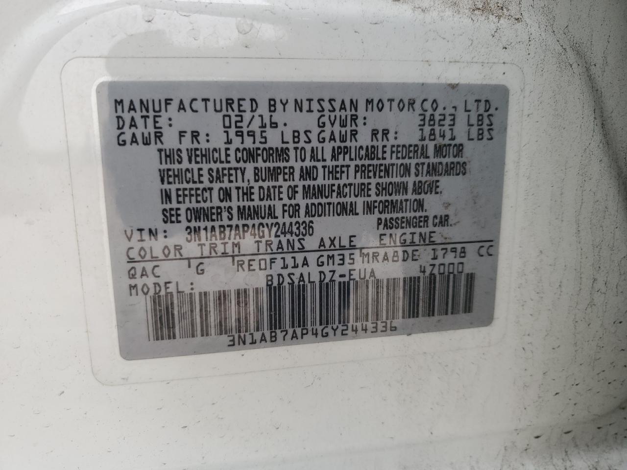 2016 Nissan Sentra VIN 3N1AB7AP4GY244336 Copart auction photo, front end / side damage thumbnail 14