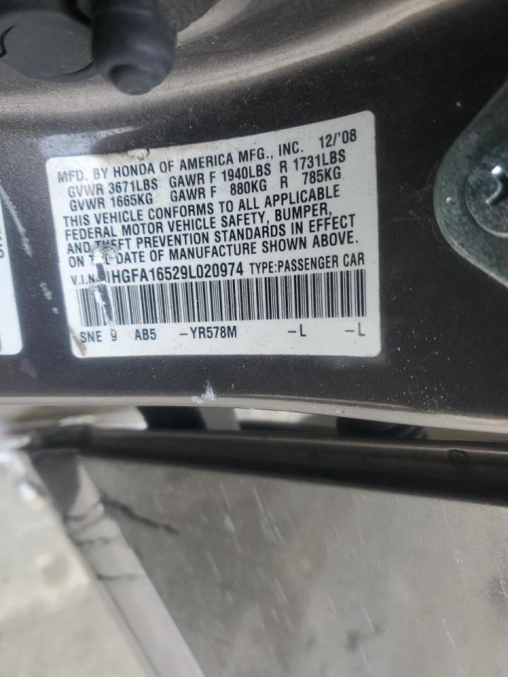 2009 Honda Civic VIN 1HGFA16529L020974 Copart auction photo, front end / minor dent/scratches damage thumbnail 12