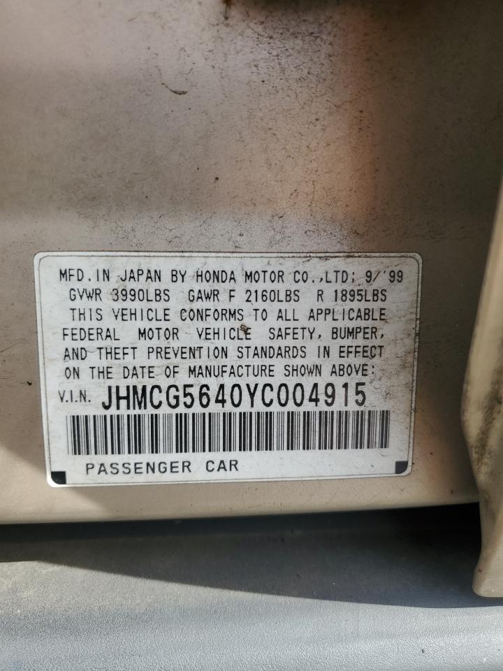 2000 Honda Accord VIN JHMCG5640YC004915 Copart auction photo, side damage thumbnail 12
