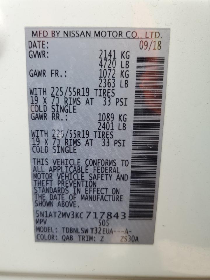 2019 Nissan Rogue VIN 5N1AT2MV3KC717843 Copart auction photo, side / rear end damage thumbnail 15